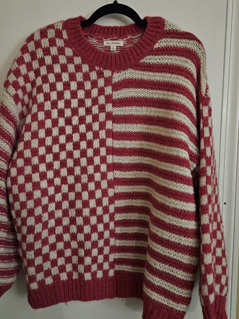 Pink Lily Red and Cream Checkerboard & Stripe Crewneck Sweater